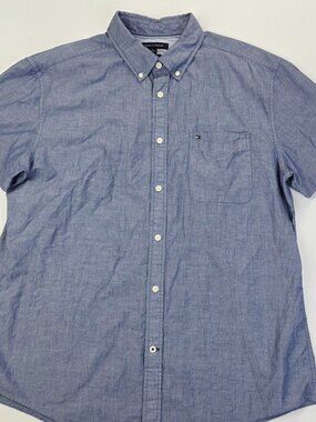 Tommy Hilfiger Custom Fit Button Down Short Sleeve Mens Size XL Blue Logo Shirt